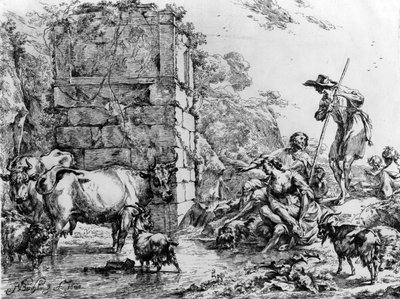 Cows and goats drinking at a pond by Nicolaes Pietersz. Berchem